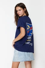 Trendyol Navy Blue 100% Cotton Printed Oversize/Wide Fit Crew Neck Knitted T-Shirt