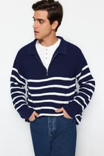 Trendyol Navy Blue Casual Oversize Fit Wide Pattern Polo Collar Striped Knitwear Sweater