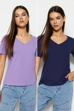 Trendyol Navy Blue-Lilac 100% Cotton Pack of 2 Basic V-Neck Knitted T-Shirt