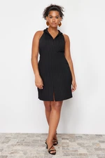 Trendyol Curve Black Polo Collar Striped Mini 100% Cotton Knit Dress