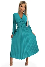 Pleated midi dress with a neckline, long sleeves and a wide belt Numoco