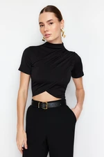 Trendyol Black High Neck Short Sleeve Draped Crop Blouse Knitted Blouse