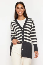 Trendyol Anthracite V-Neck Striped Knitwear Cardigan