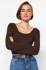 Trendyol Brown Square Collar Long Sleeve Ribbed Flexible Snap Fastener Knitted Bodysuit