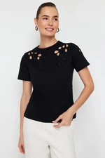 Trendyol Black Embroidered Basic/Regular Pattern Knitted T-Shirt