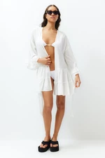 Trendyol White Belted Mini Woven Ruffle Kimono&Kaftan