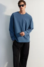 Trendyol Blue Oversize/Wide Cut Limited Edition 100% Cotton Sweatshirt with Textured Label