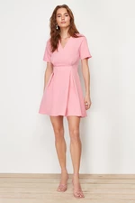 Trendyol Pink Belted Waist Opening Mini Woven Dress