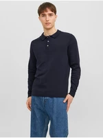 Jack & Jones Tmavě modré pánské úpletové polo tričko s dlouhým rukávem Jack & J - Pánské