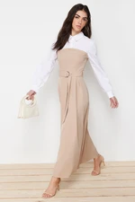 Trendyol Beige Belted Undershirt Detailed Woven Dress