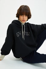 Trendyol Black Thick Fleece Inner Tricot Tape Detailed Hooded Knitted Sweatshirt