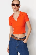 Trendyol Orange Fitted/Situated Crop Polo Neck Ribbed Stretch Knit Blouse