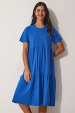 Happiness İstanbul Women's Dark Blue V-Neck Summer Comfort Fit Dress