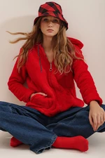 Trend Alaçatı Stili Women's Red Hoodie with Zipper Front Double Pocket Oversized Plush Sweatshirt