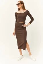 Olalook Women's Bitter Brown Open Collar Long Sleeved Blouse and Slit Skirt Set