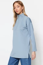 Trendyol Blue Zipper Detailed Diver/Scuba Plain Knitted Sweatshirt
