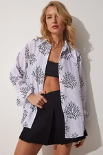 Happiness İstanbul Women's White Black Patterned Oversized Linen Blend Shirt