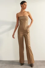 Trendyol Mink Premium Faux Leather Strapless Woven Overalls