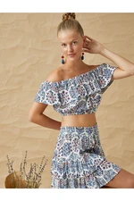 Koton Ethnic Patterned Off-Shoulder Crop Top With Ruffles