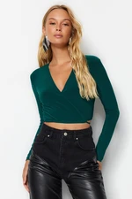 Trendyol Emerald Green Double Breasted Collar Fitted/Skinned Stretchy Blouse with Crop