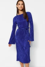 Trendyol Navy Blue Premium Pleat Fabric A-Line Midi Knitted Dress with Flare Sleeves Detail