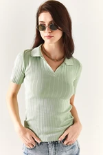 Olalook Women's Mint Green Polo Neck Corduroy Sweater Blouse