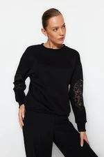 Trendyol Black Crew Neck Regular Fit Sleeve Applique Detail, Fleece Inside Knitted Sweatshirt