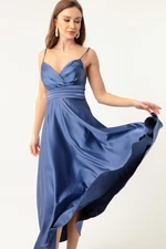 Lafaba Women's Indigo Evening Dress & Prom Dress With Thread Straps and Waist Belt Satin Midi