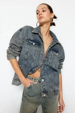 Trendyol Blue Faded Effect Vintage Oversize Denim Jacket