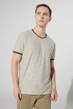 AC&Co / Altınyıldız Classics Men's Khaki White Slim Fit Slim Fit Crew Neck 100% Cotton Striped Short Sleeved T-Shirt.