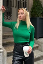 Trend Alaçatı Stili Women's Green Turtleneck Corduroy Knitted Blouse