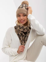 Beige and black women's winter hat with pompom