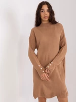 Camel knitted dress with buttons on the sleeves