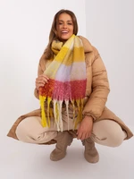 Yellow and burgundy winter scarf with plaid fringes