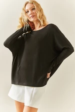 XHAN Black Bat Sleeve Crewneck Blouse