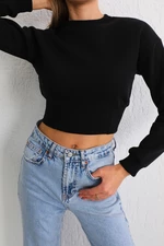 BİKELİFE Women's Black Waist Band Detail Fleece Knitted Sweatshirt Crop