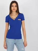 Dark blue ribbed blouse with short sleeves