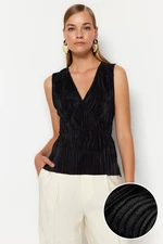Trendyol Black Premium Pleated V-Neck Knitted Blouse