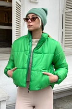 Trend Alaçatı Stili Women's Light Green Stand Up Collar Double Pocketed Puffer Puffer Coat with Elastic Waist