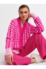 Dilvin 60166 Jacquard Pattern Knitwear Cardigan-fuchsia P.