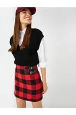 Koton Checkered Mini Skirt With Double Buckle Detail Zipper.