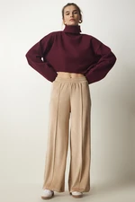 Happiness İstanbul Women's Cream Palazzo Velvet Trousers