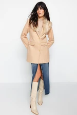 Trendyol Beige Premium Fur Collar Detailed Coat with Gold Buttons