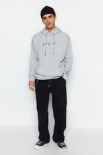 Trendyol Dark Gray Men's Oversize Hoodie with Text Embroidery.