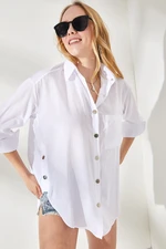 Olalook Women's White Oversized Woven Shirt with Buttons at the Sides