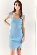 Olalook Women's Baby Blue Shoulder Chain Garnish Slit Mini Knitwear Dress