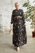 InStyle Rena Patterned Dress with a Straw Belt - Black