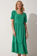 Happiness İstanbul Women's Vibrant Green Square Collar Summer Aerobatic Dress