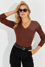 Cool & Sexy Women's Brown V Neck Ribbed Knitwear Blouse