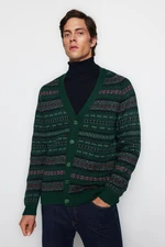 Trendyol Green Men's Slim Fit V-Neck Jacquard Knitwear Cardigan